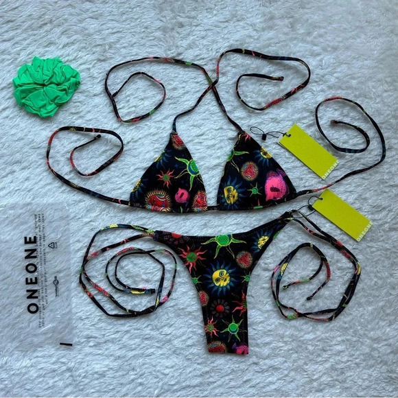 NWT OneOne Swimwear Bikini SET Sunray Black Print Space New Ariel Zodiac Pattern - Picture 3 of 14